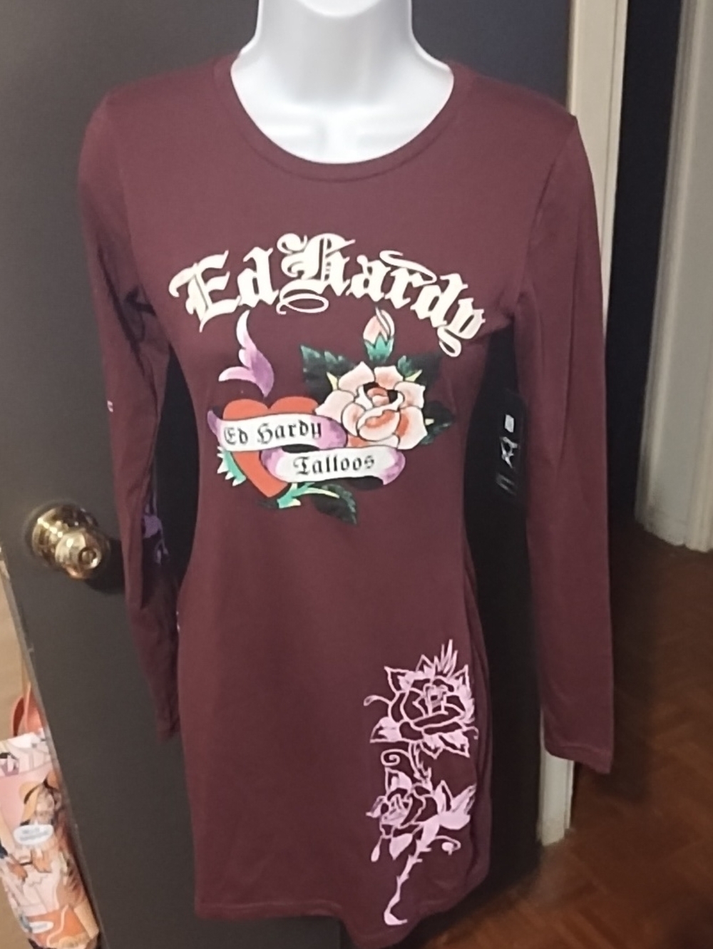 Ed Hardy Burgundy Long Sleeve Graphic Tee Dress with Pink Floral Accents